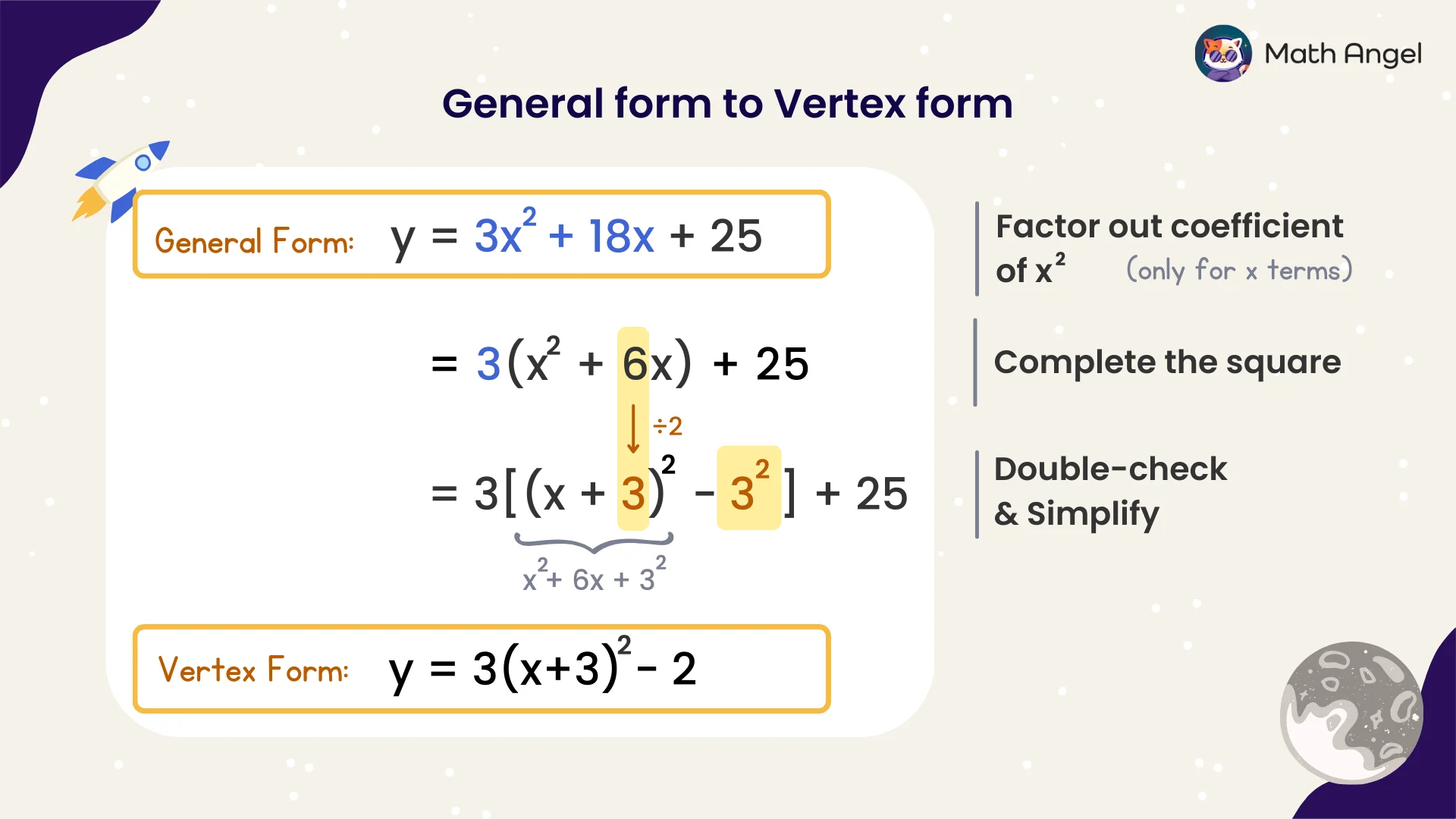 Conversion of a quadratic equation from general form y = 3x² + 18x + 25 to vertex form by completing the square, resulting in y = 3(x + 3)² - 2.