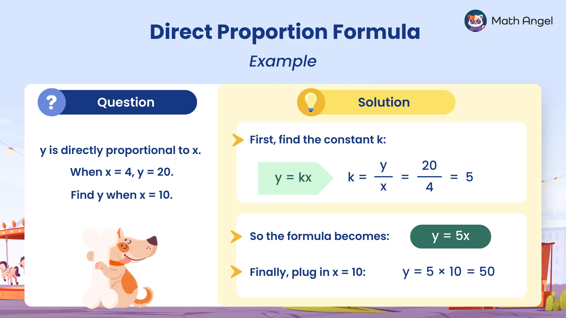 Direct proportion example: y = kx with x=4, y=20 giving k=5, so y=5x and when x=10, y=50.