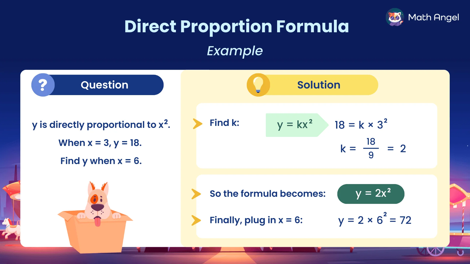 Direct proportion to x² example: x=3, y=18 gives k=2, so y=2x² and when x=6, y=72