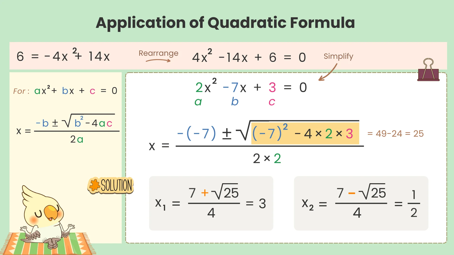 Solving a quadratic equation using the quadratic formula, with step-by-step breakdown and final solutions.