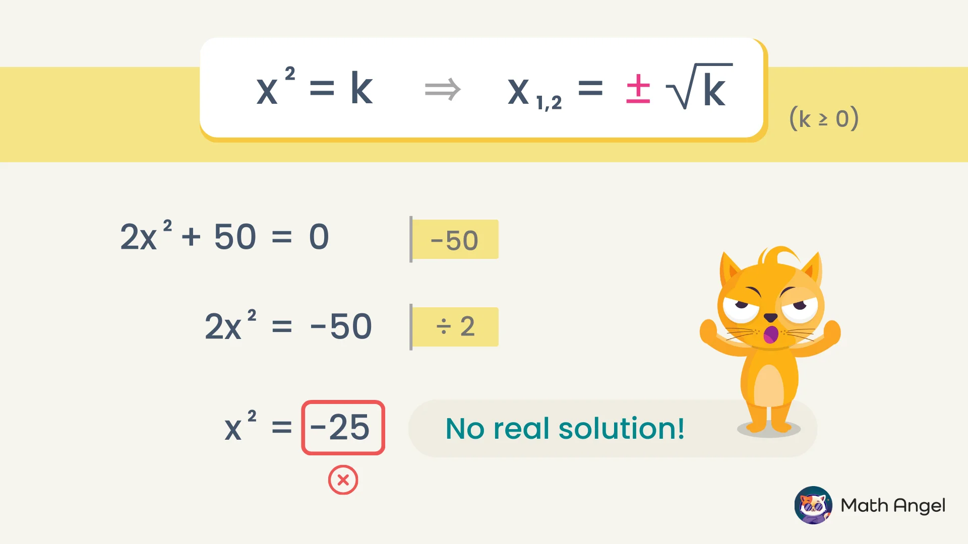 Solving quadratic equations, demonstrating x² = k and x² + 50 = 0 leading to no real solution since x² = -25.