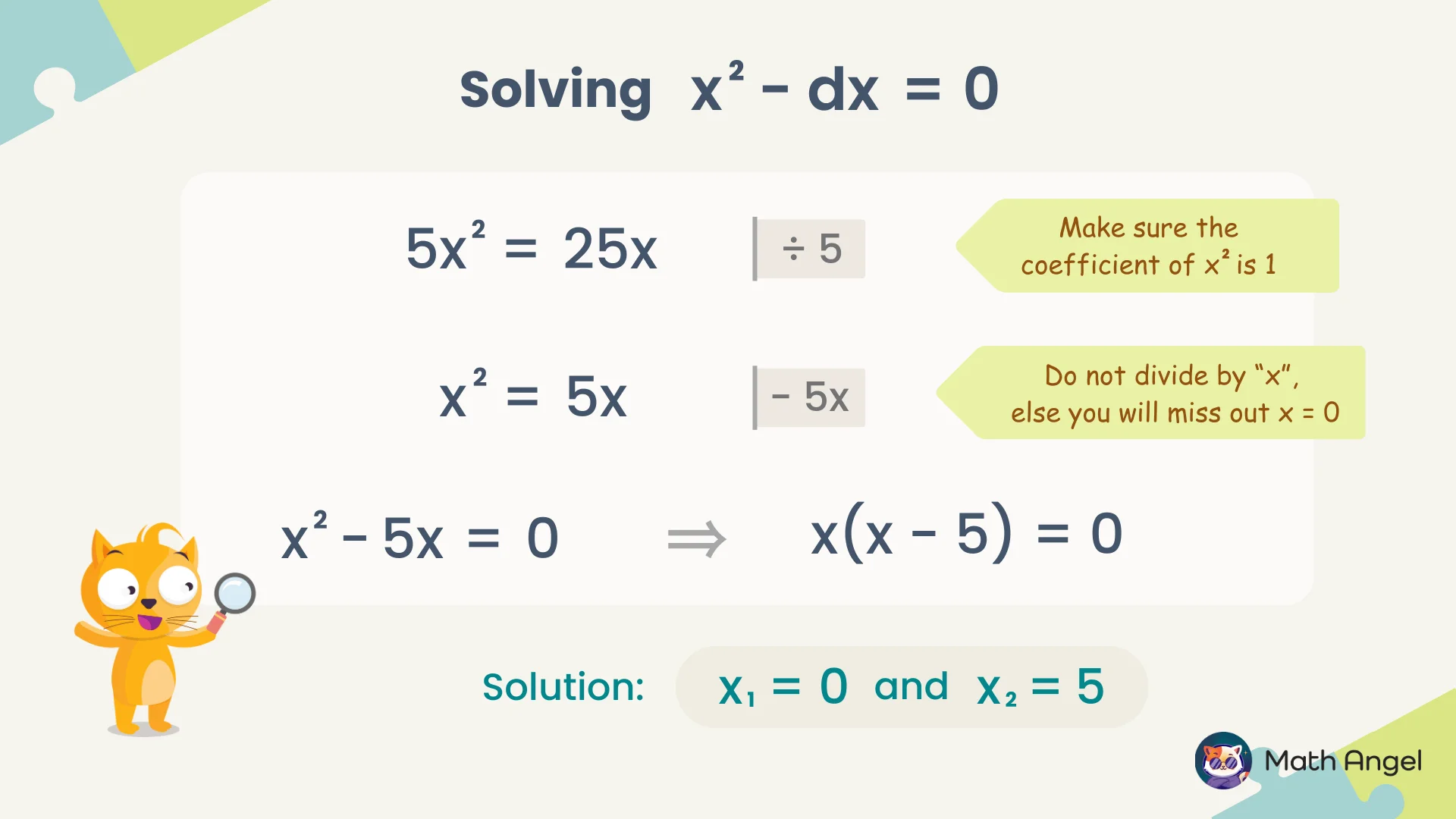 Solving quadratic equation x² - dx = 0 with steps to simplify and factorise, showing solutions x₁ = 0 and x₂ = 5.