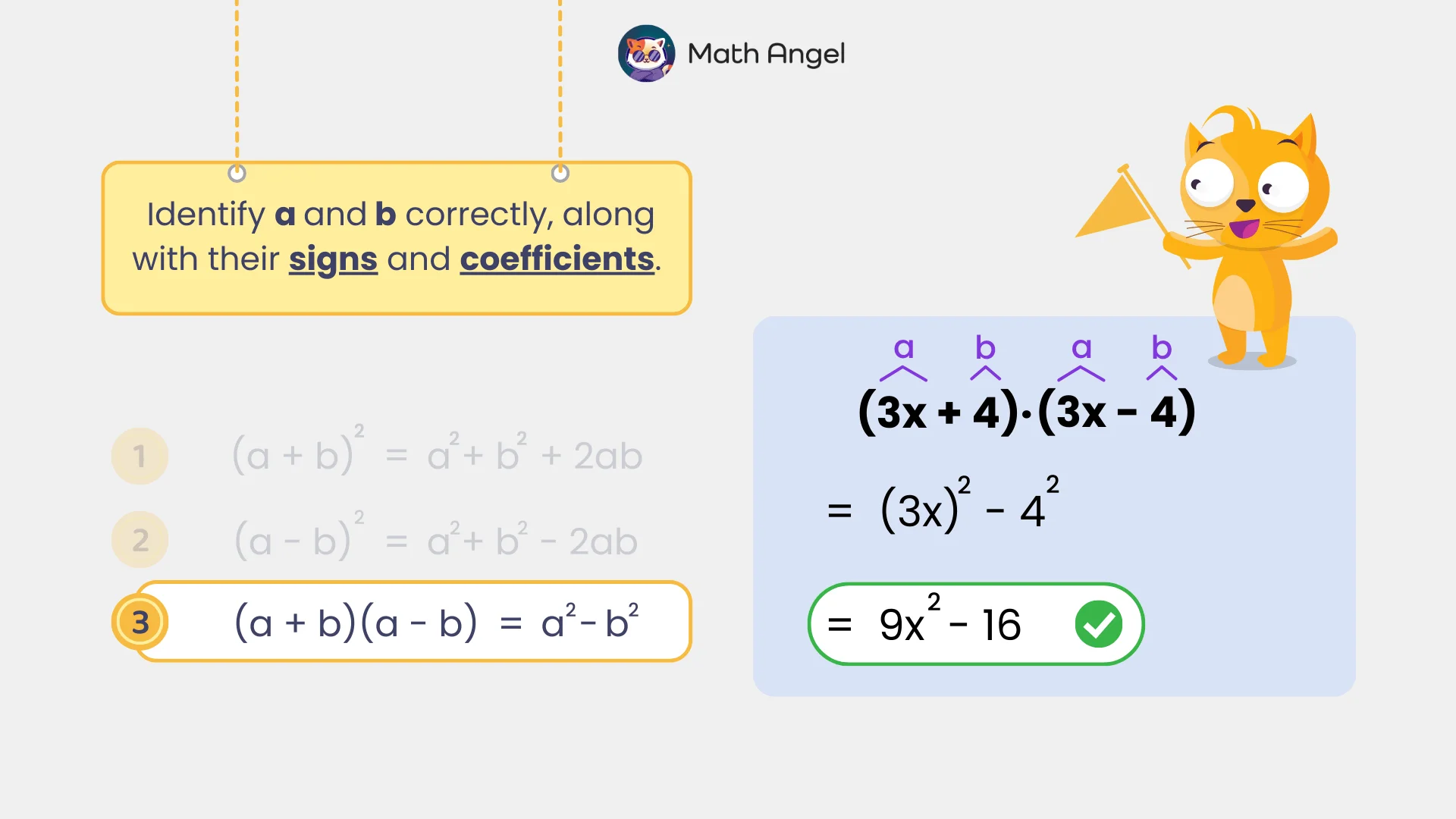 Identifying variables a and b with signs and coefficients in the formula (a + b)(a - b) = a² - b², using (3x + 4)(3x - 4) = 9x² - 16 as an example.