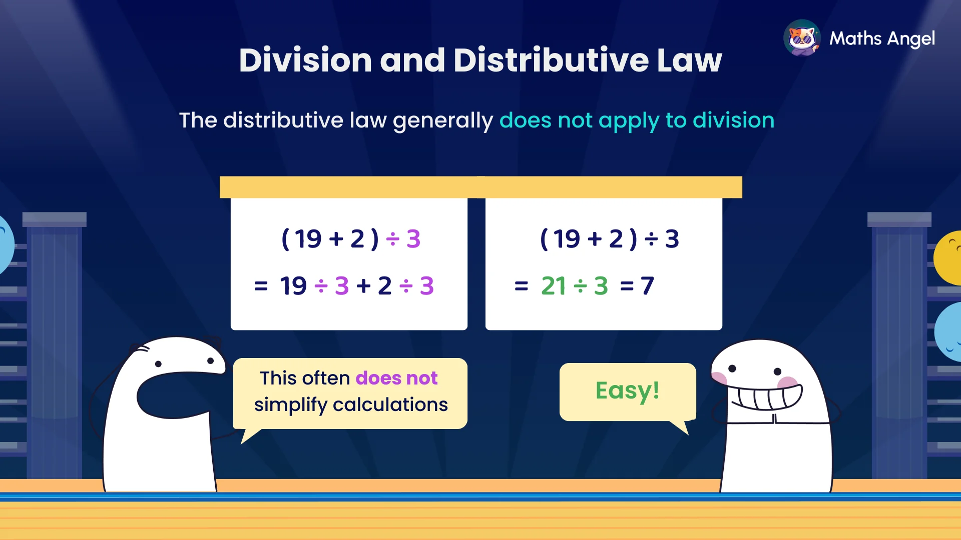 Explanation that the distributive law generally does not simplify division, showing the example (19+2)/3.