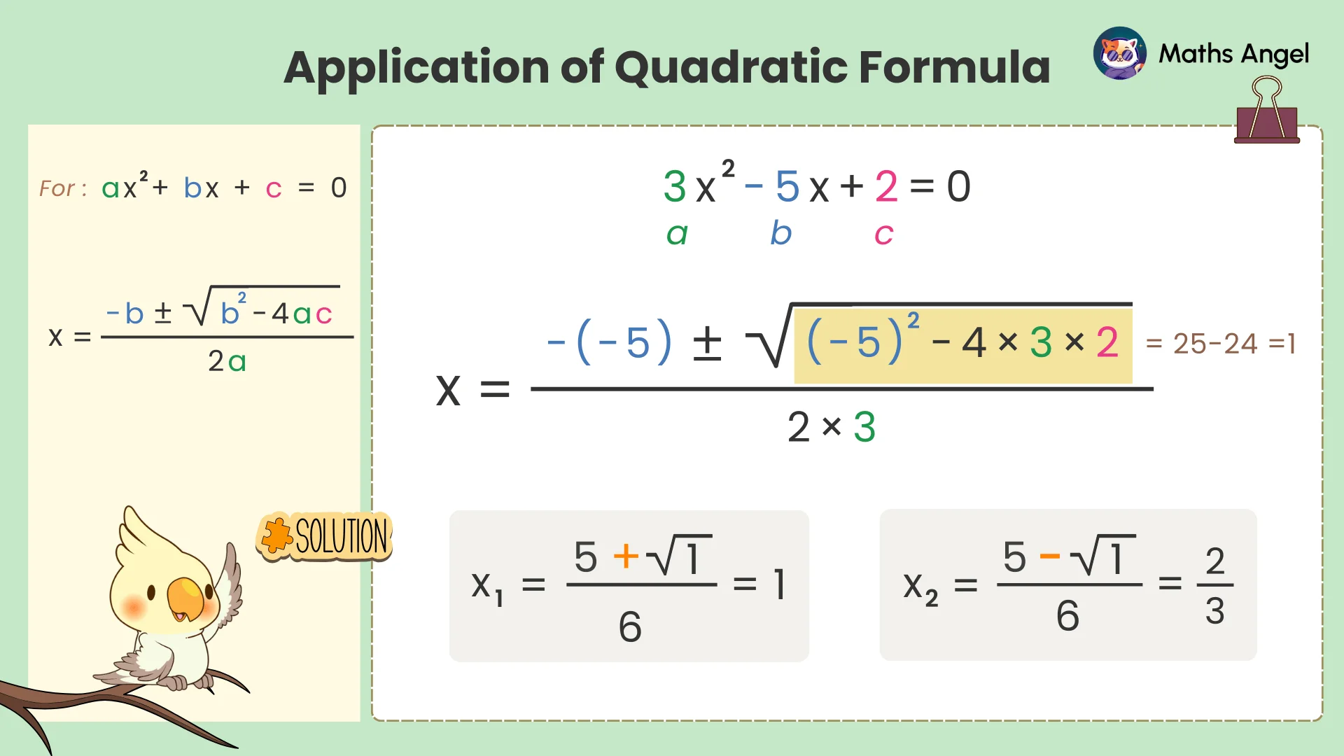 Quadratic formula example with a = 3, b = 5, c = 2 solving 3x² − 5x + 2 = 0, giving roots x₁ = 1 and x₂ = 2/3.