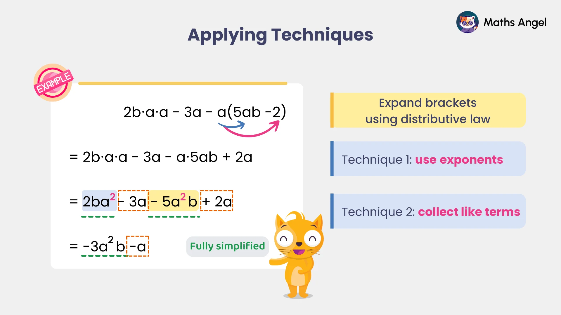 Simplifying algebraic expression involving multiple variables using distributive law, exponents, and collecting like terms.