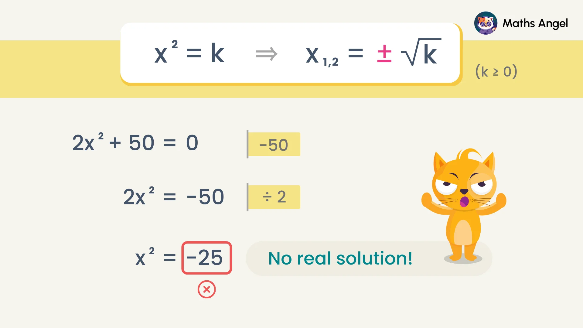 Solving quadratic equations, demonstrating x² = k and x² + 50 = 0 leading to no real solution since x² = -25.