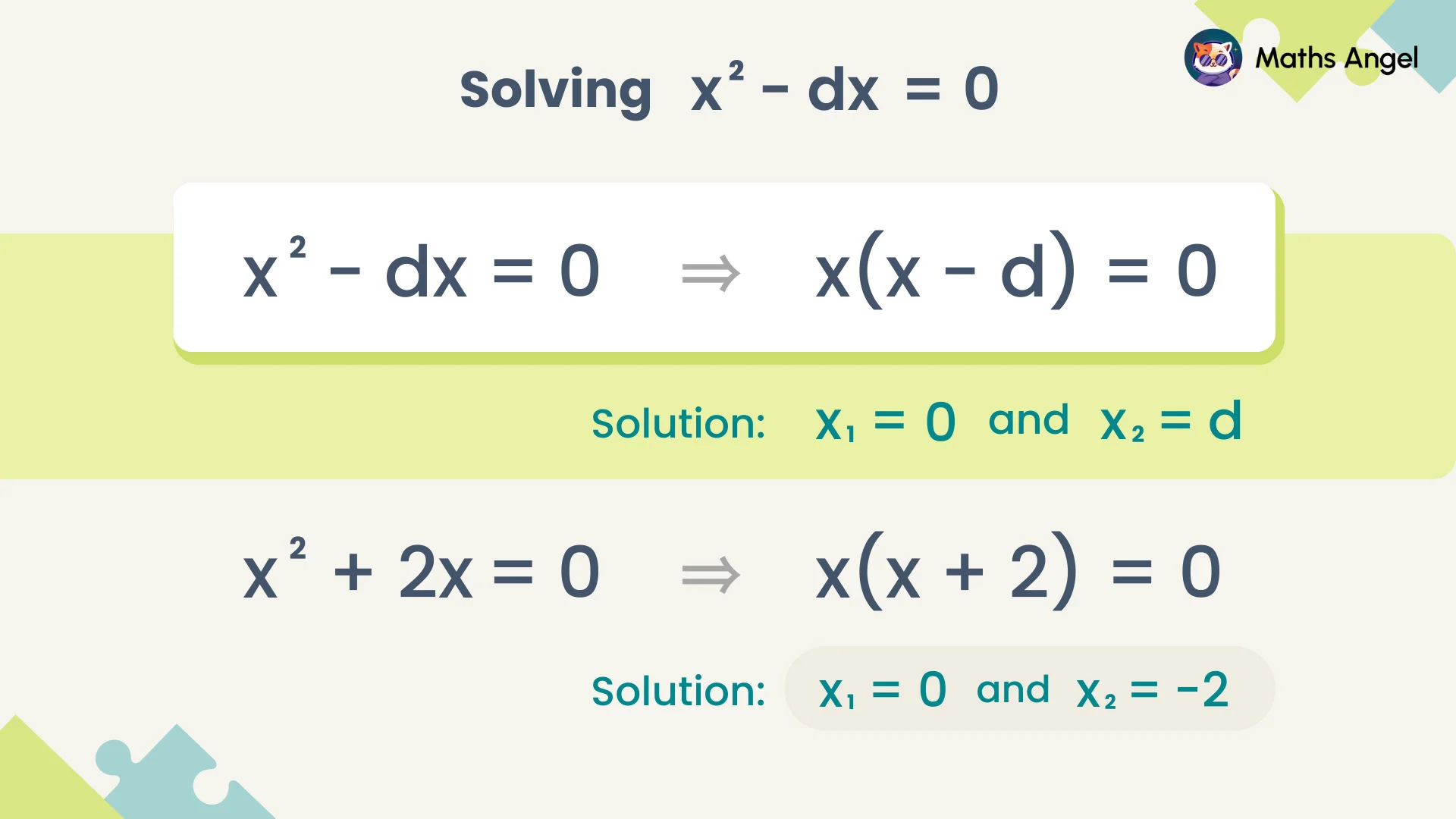 Solving quadratic equations by factorisation, showing x² - dx = 0 with solutions x sub one equals zero, and x sub two equals d.