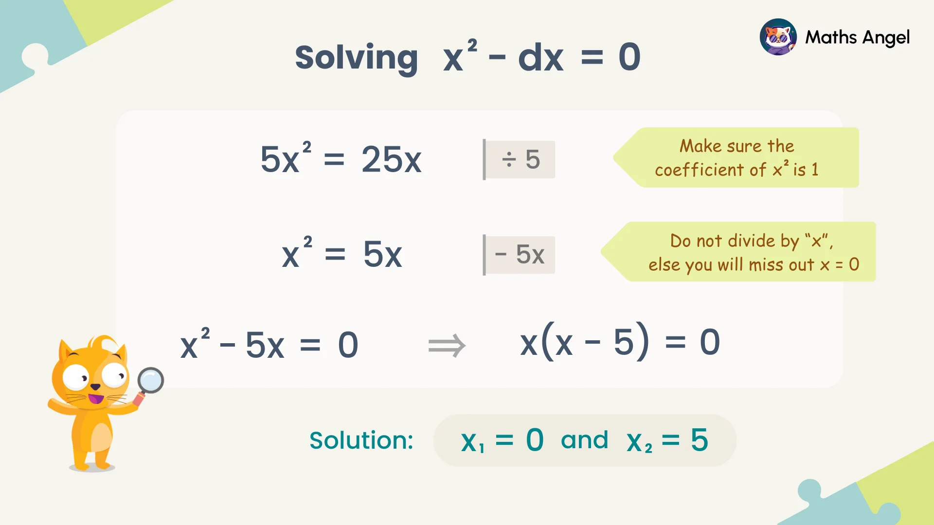 Solving quadratic equation x² - dx = 0 with steps to simplify and factorise, showing solutions x₁ = 0 and x₂ = 5.