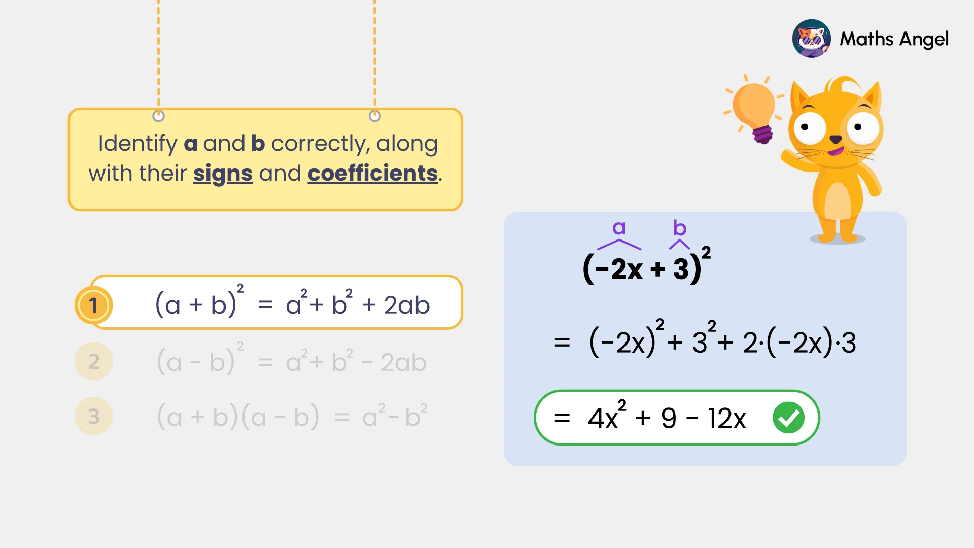 Binomial expansion showing the formula (a + b)² = a² + b² + 2ab, and an example (-2x + 3)² = 4x² + 9 - 12x.