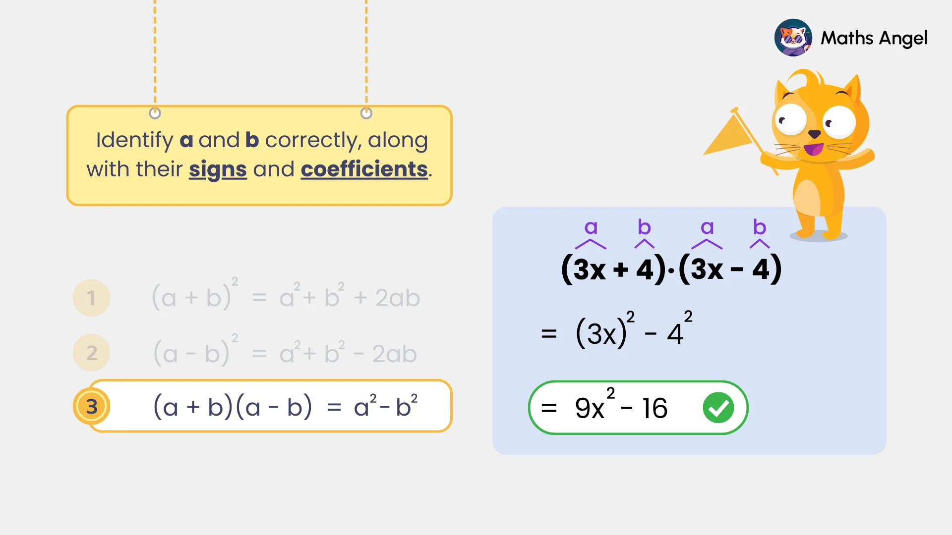 Identifying variables a and b with signs and coefficients in the formula (a + b)(a - b) = a² - b², using (3x + 4)(3x - 4) = 9x² - 16 as an example.