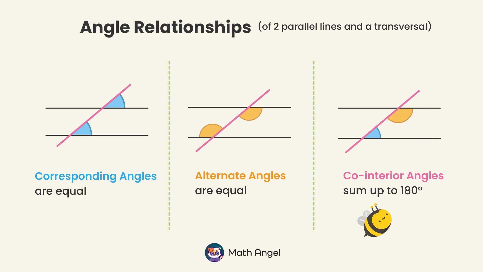 Diagram showing corresponding angles, alternate angles, and co-interior angles formed by two parallel lines and a transversal.