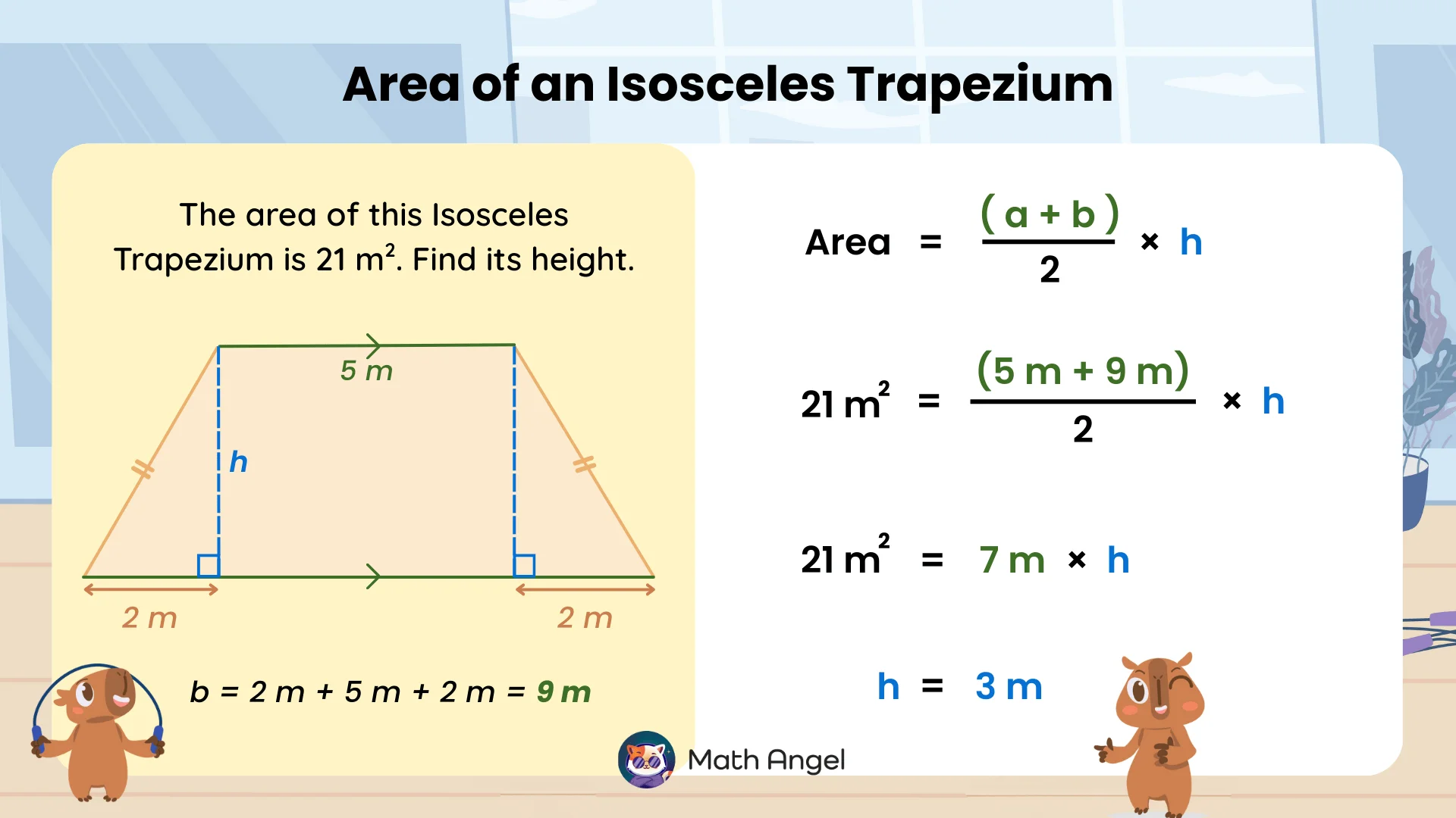 Area calculation of an isosceles trapezium with bases 5 m and 9 m, total area 21 m², showing height calculated as 3 m.