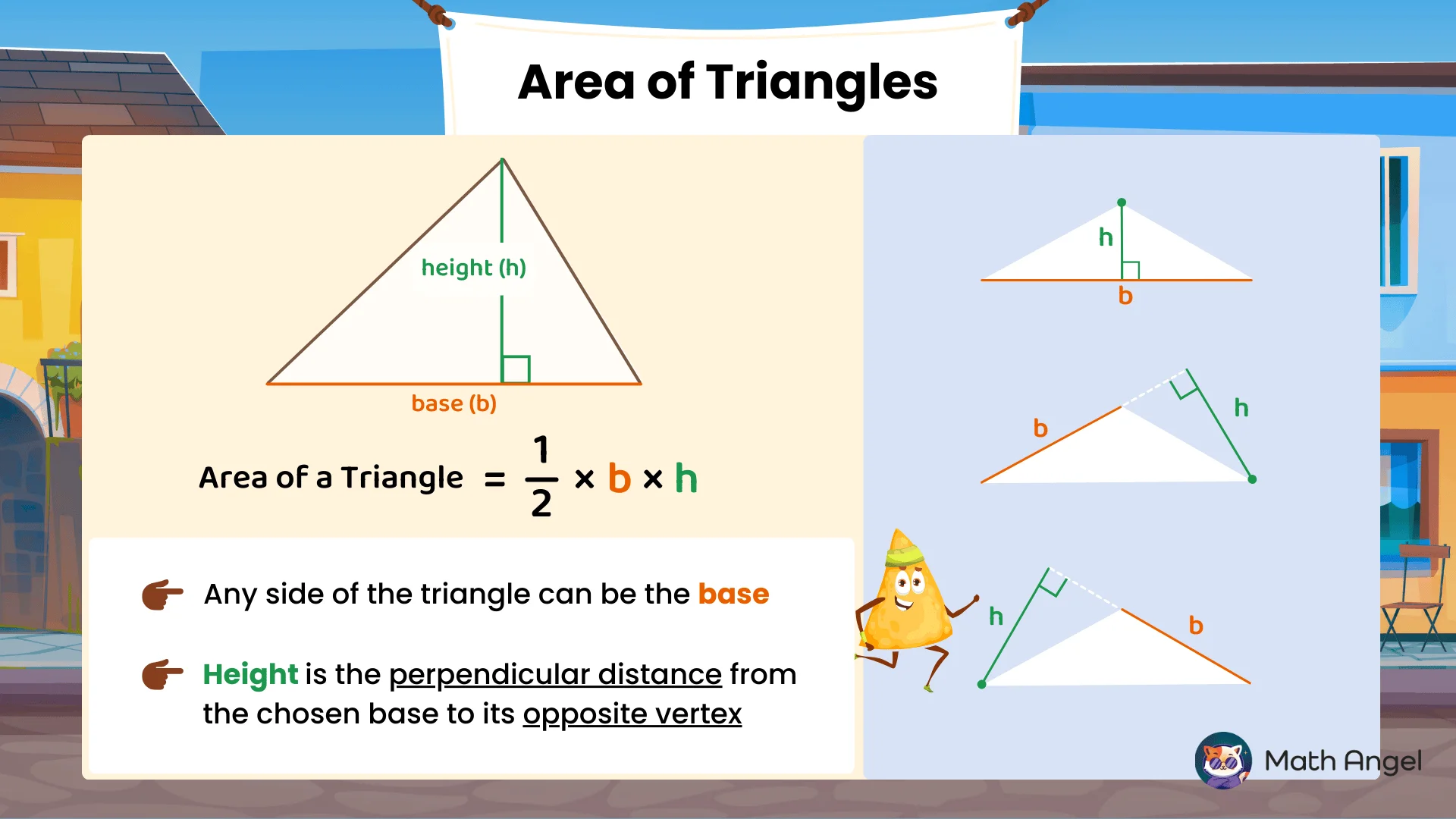 Diagram explaining the area of triangles formula  1/2 x b x h, examples of perpendicular height, and notes emphasising any side as base.