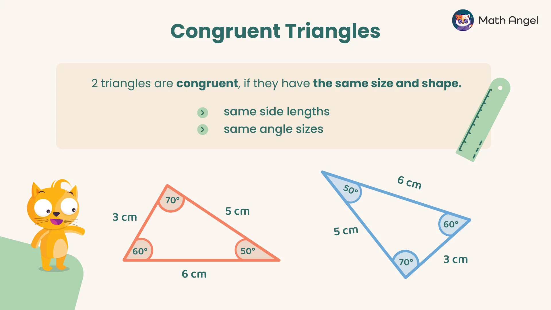 Diagram showing the criteria for identifying congruent triangles: SSS, SAS, ASA, and RHS with corresponding labelled triangles.