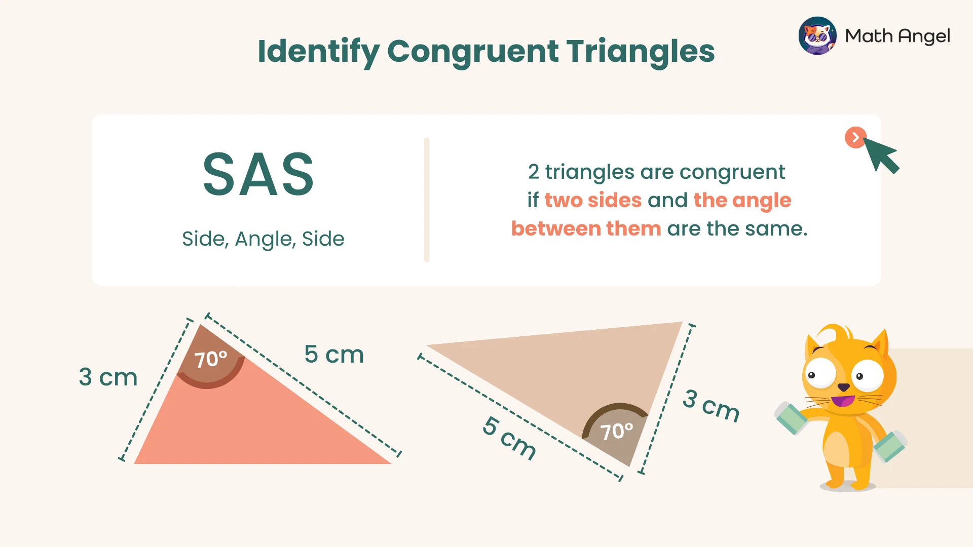 Identifying congruent triangles using SAS (Side, Angle, Side) rule with two triangles having sides of 3 cm, 5 cm, and an included angle of 70 degrees.