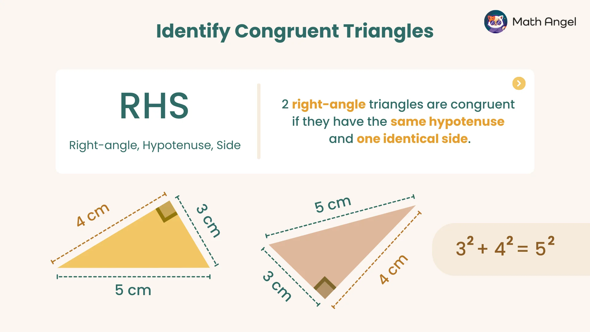 Identifying congruent triangles using RHS criteria with examples of right-angle triangles having the same hypotenuse and one identical side.