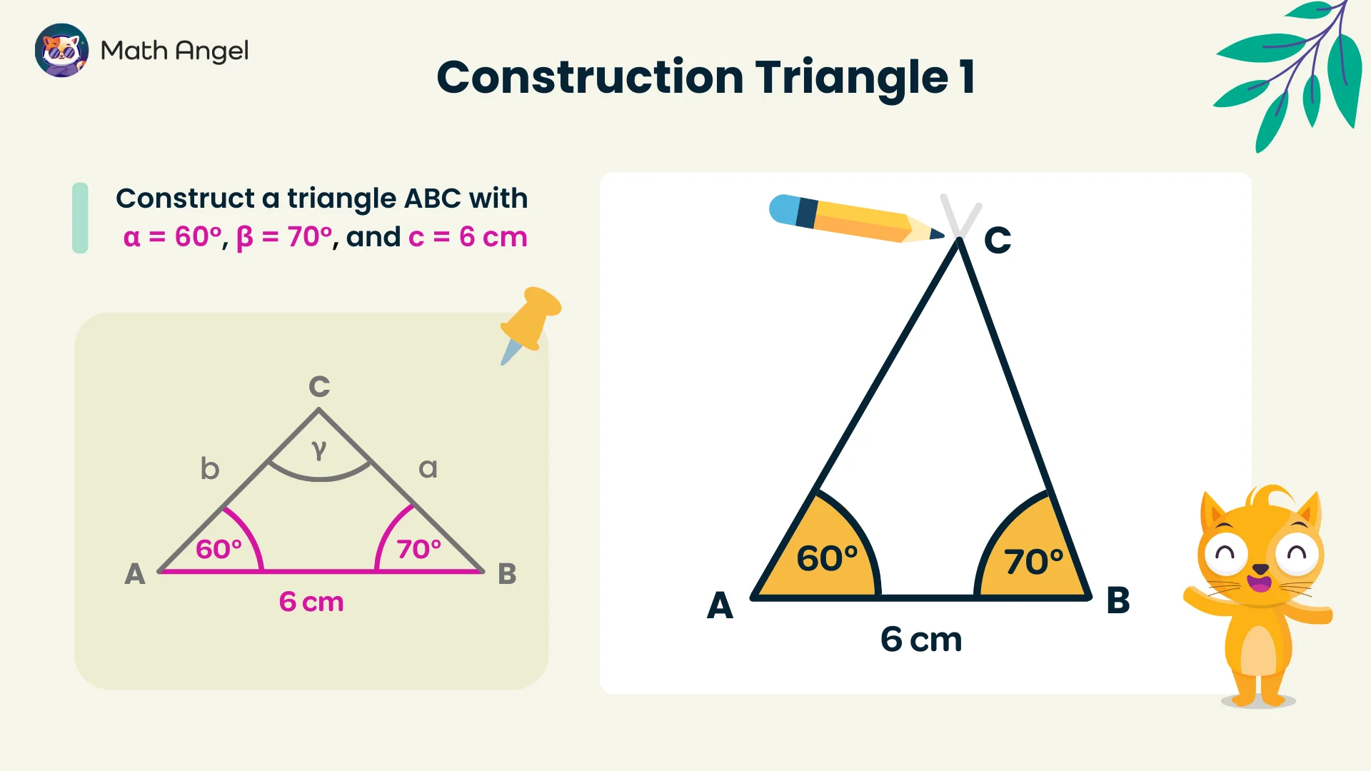 Constructing a triangle ABC with angles 60° and 70°, side c = 6 cm using compass and ruler. The sides and angles are labelled.