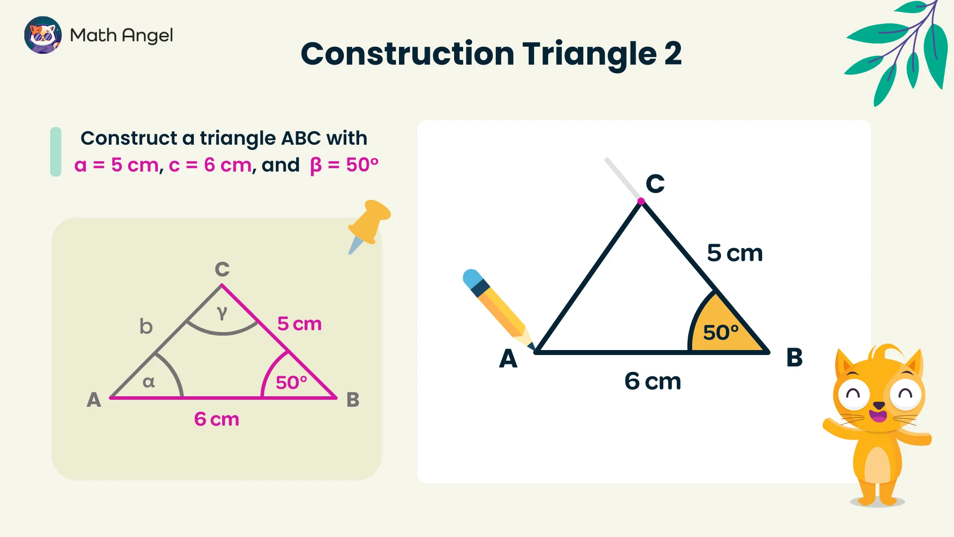 Constructing a triangle ABC with sides 5 cm and 6 cm, and angle 50°, including labelled diagram.