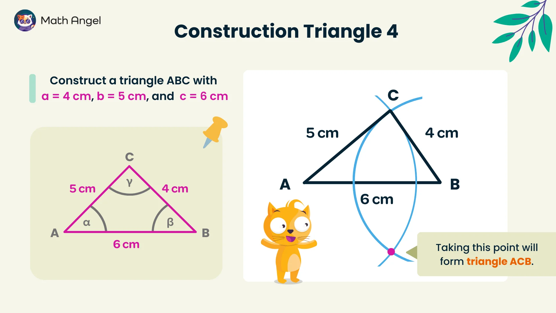 Constructing triangle ABC with sides 4 cm, 5 cm, and 6 cm using compass and ruler, including labelled angles alpha, beta, and gamma.