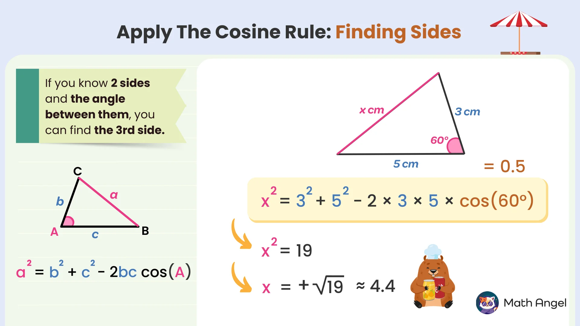 Using the cosine rule to find a side in a triangle with sides 3 cm and 5 cm and an angle of 60 degrees between them.