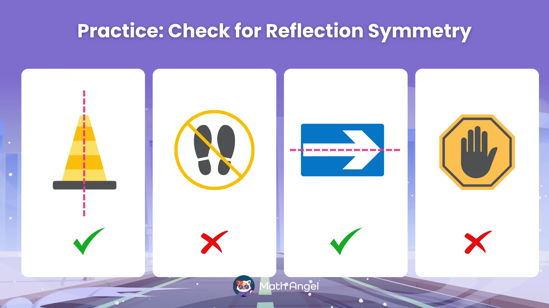 Four road signs are checked for whether they have reflection symmetry.