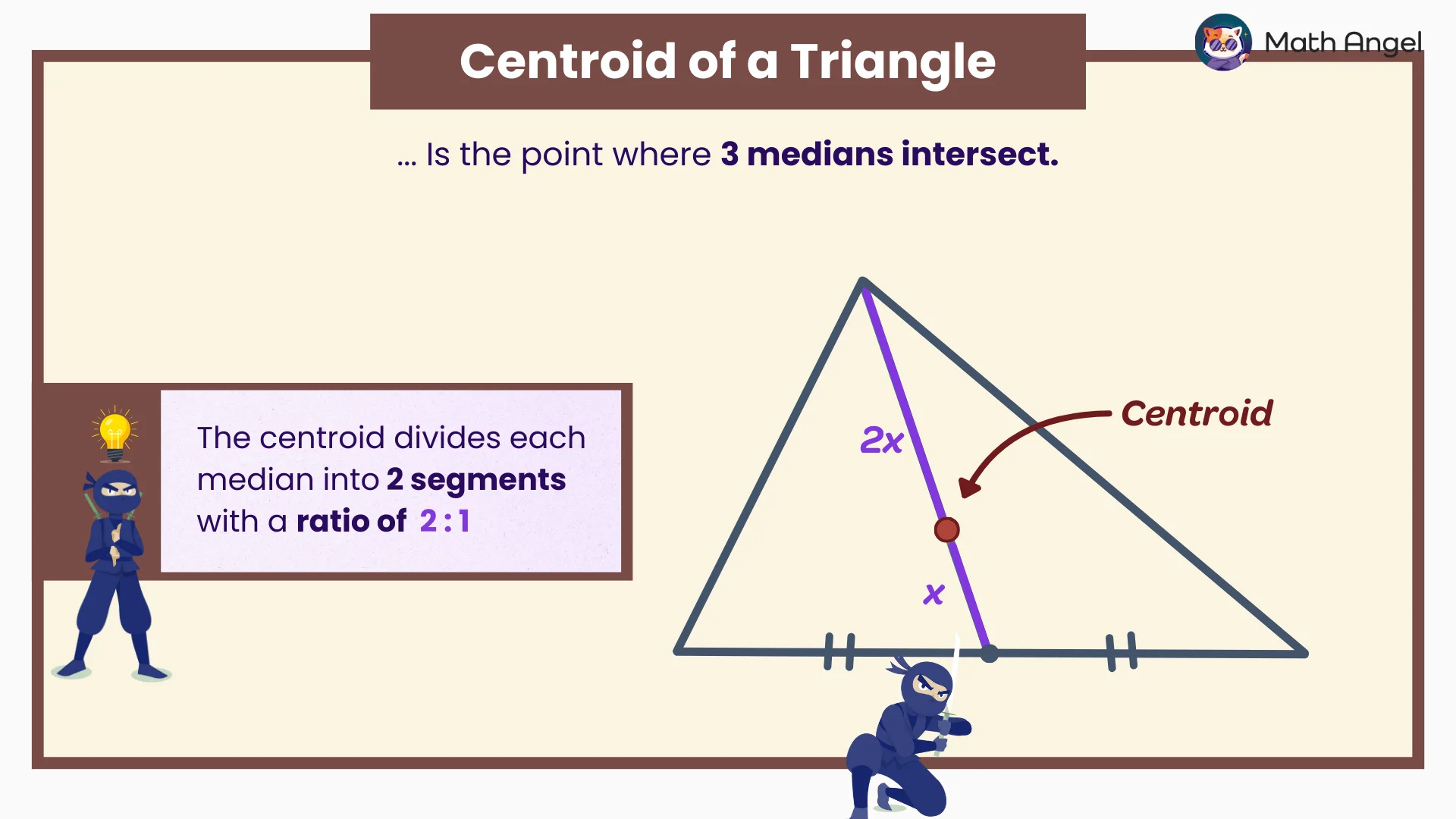 The definition of the centroid of a triangle is the point where the three medians intersect, dividing each median in a 2:1 ratio.