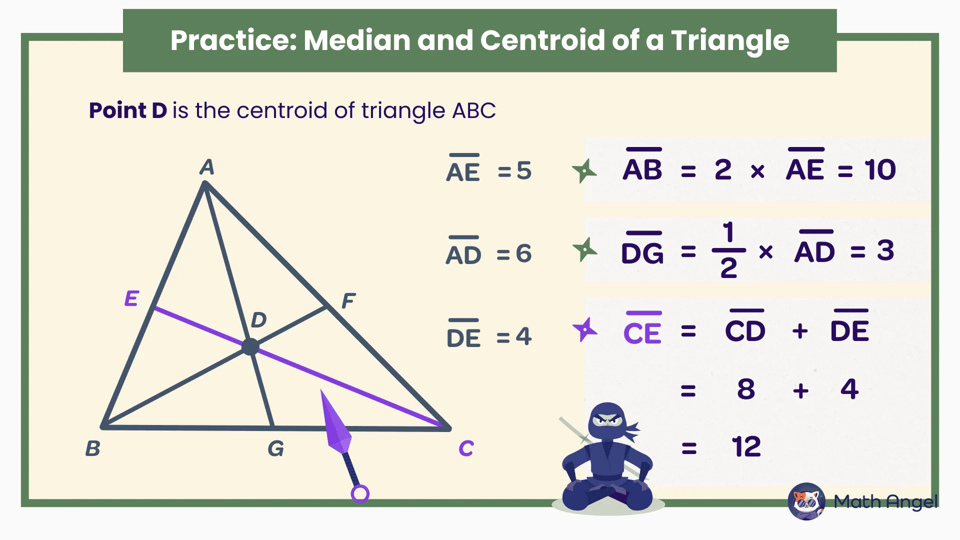 The median and centroid of a triangle apply to the problem.