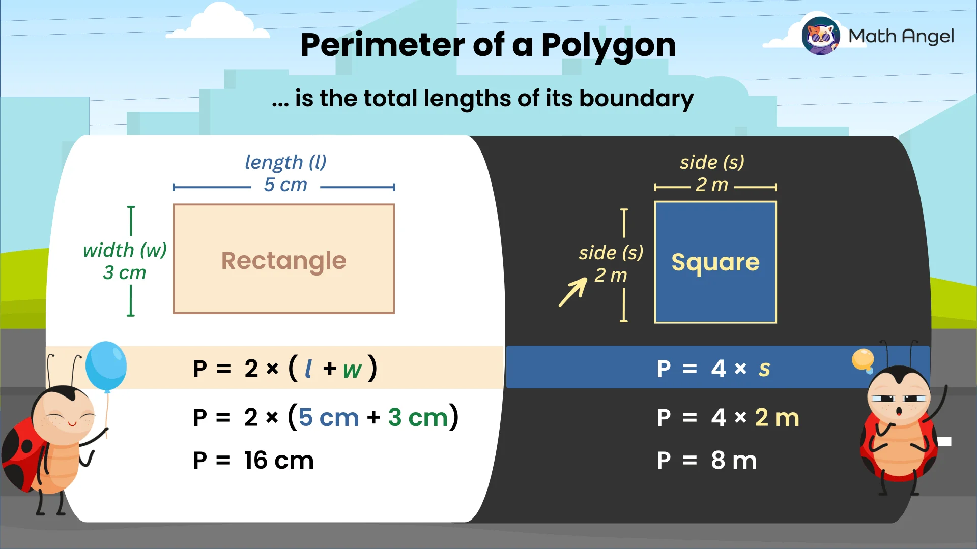 Perimeter of a rectangle and square with formulas. Rectangle: length 5 cm, width 3 cm, perimeter 16 cm. Square: side 2 m, perimeter 8 m.