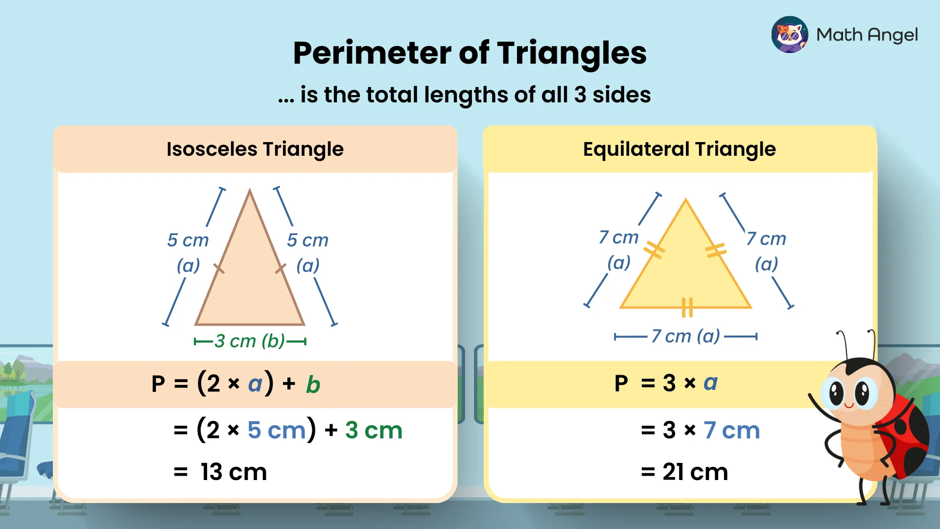 Comparing the perimeter of an isosceles triangle and an equilateral triangle, showing the formulas and values for calculating their perimeters.