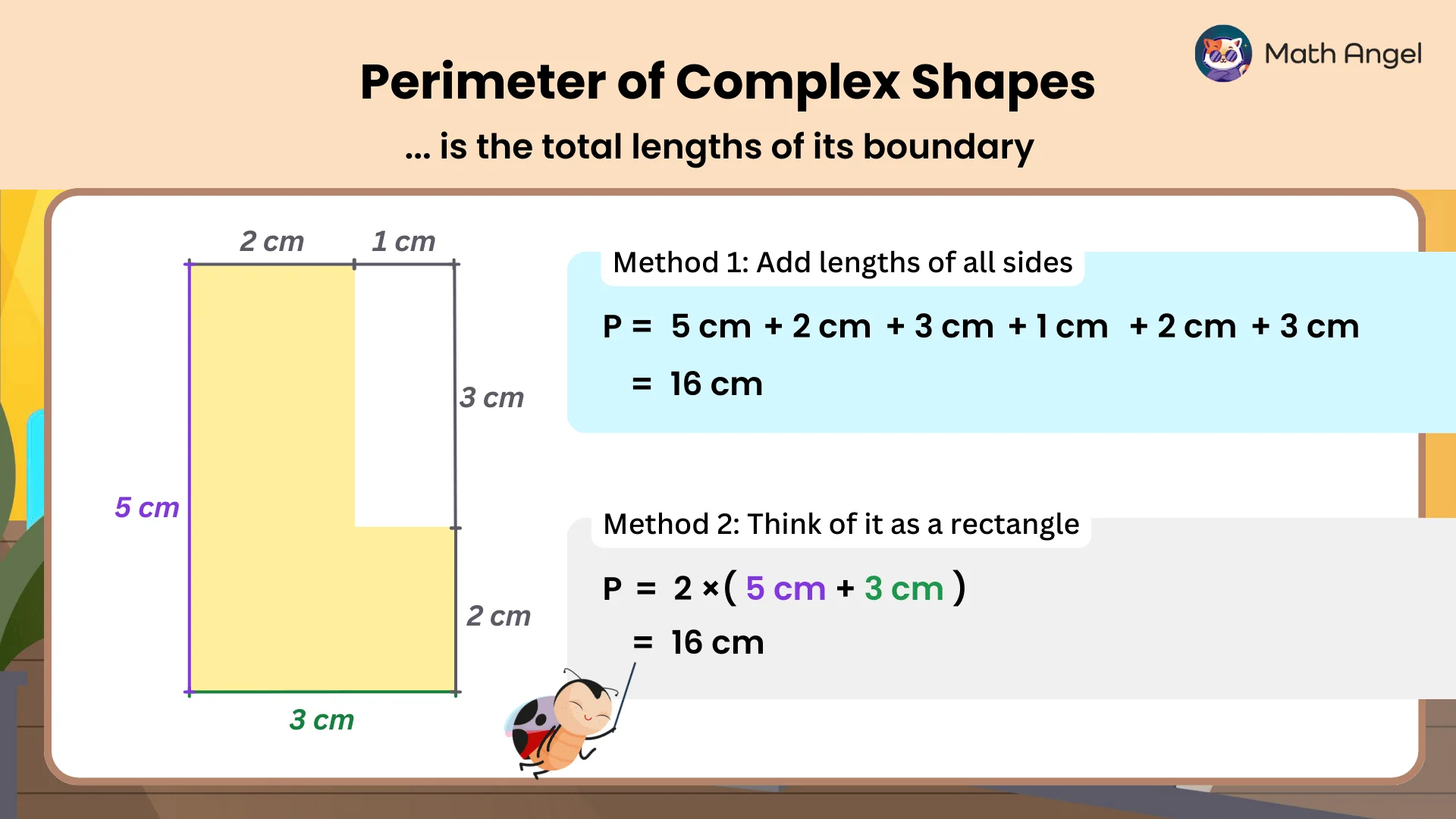 Perimeter of an L-shaped polygon shown with two calculation methods. Method 1 adds all side lengths. Method 2 treats it as a rectangle.