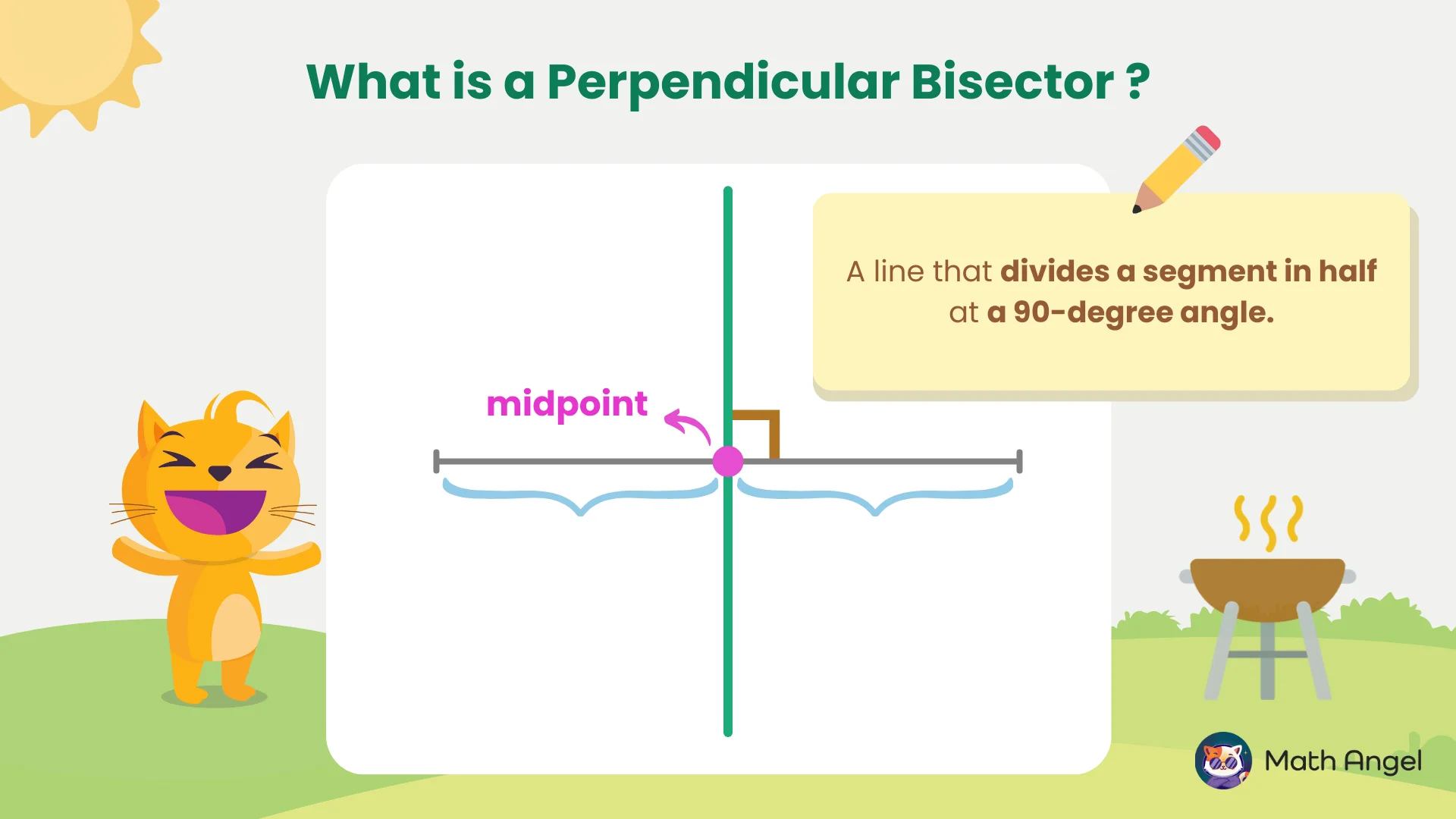 Perpendicular bisector dividing a line segment at a 90-degree angle with midpoint marked.