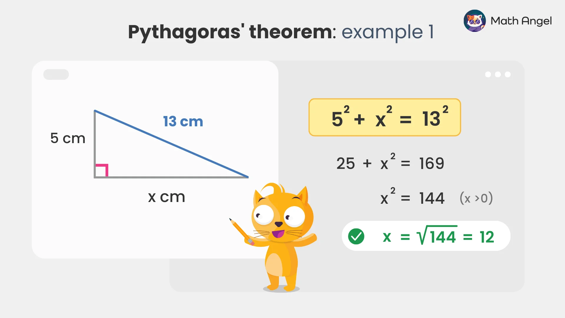 Right-angled triangle with sides 5 cm, 13 cm, and unknown side x. Using Pythagoras' theorem, x is calculated as 12 cm with steps shown.