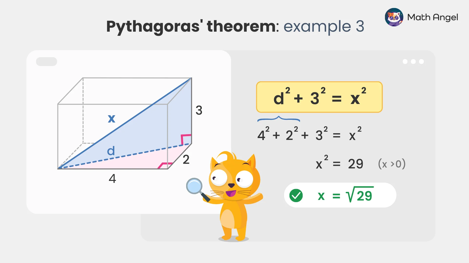 3D Pythagoras theorem example in a cuboid: x² = 4² + 2² + 3², giving diagonal length x = √29.