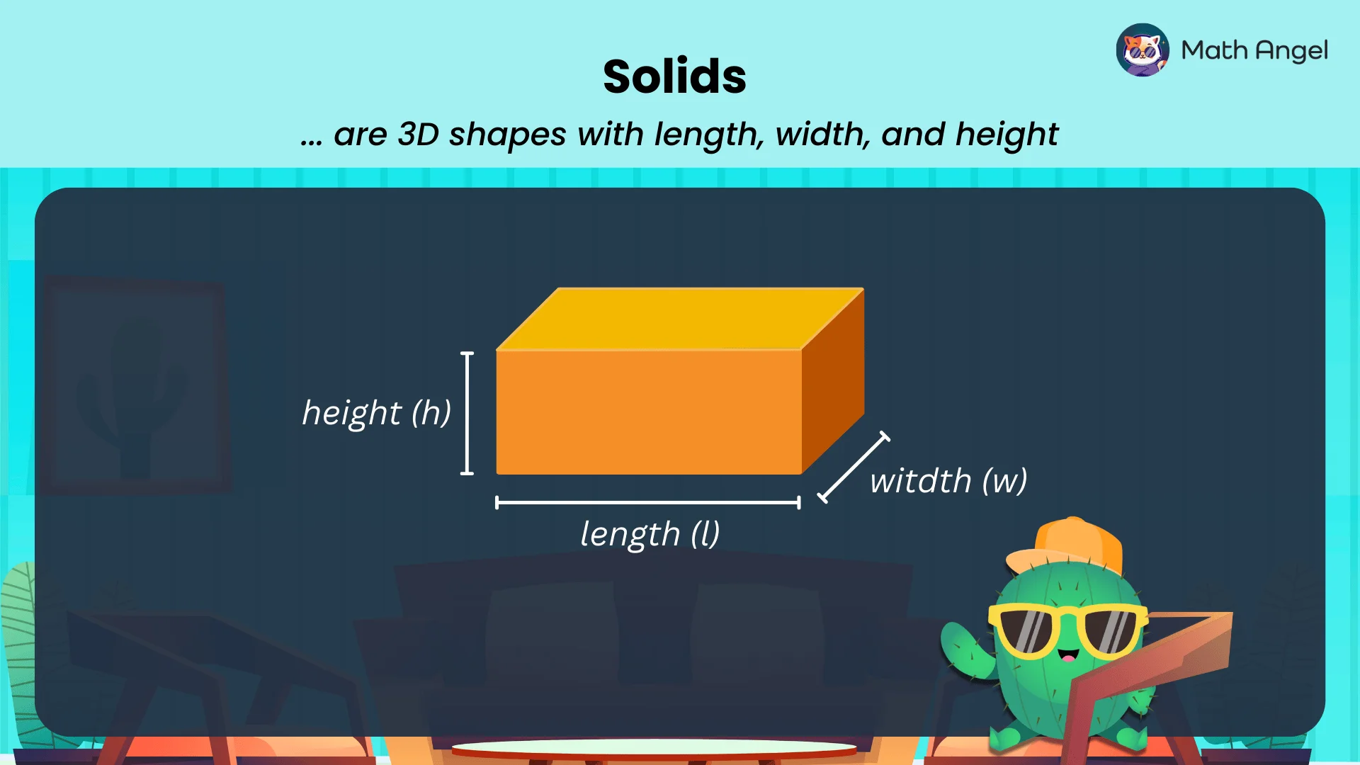 Rectangular prism with labelled dimensions for length, width, and height, representing a 3D solid shape in geometry.