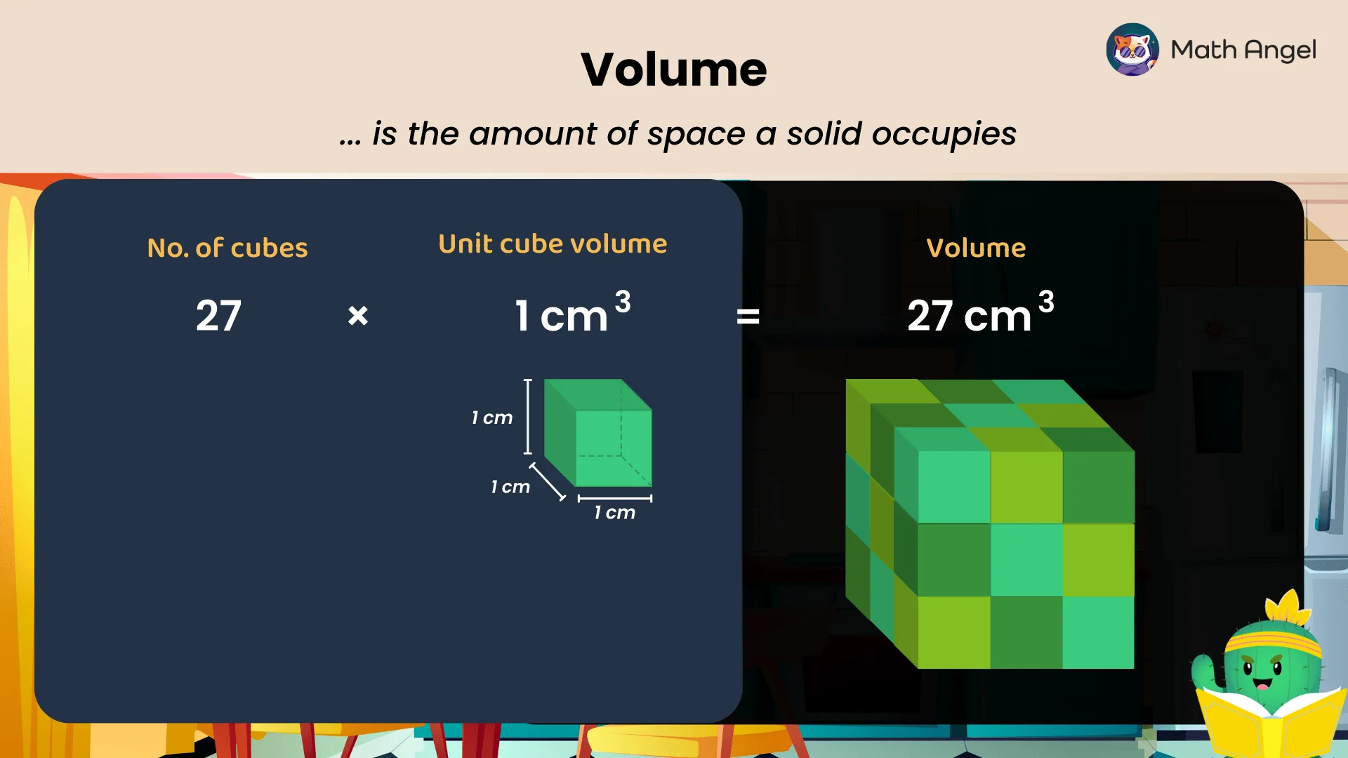 Diagram showing volume of a cube: 27 unit cubes (1 cm³ each) form a 3×3×3 cube with total volume of 27 cm³.