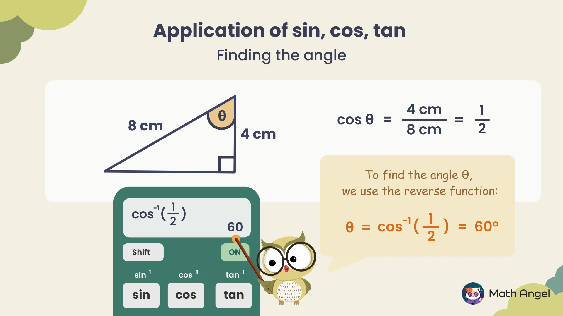 Finding the angle using cosine in a right triangle with sides 4 cm and 8 cm, showing the calculation cos theta = 1/2 and theta = cos⁻¹(1/2) = 60°.