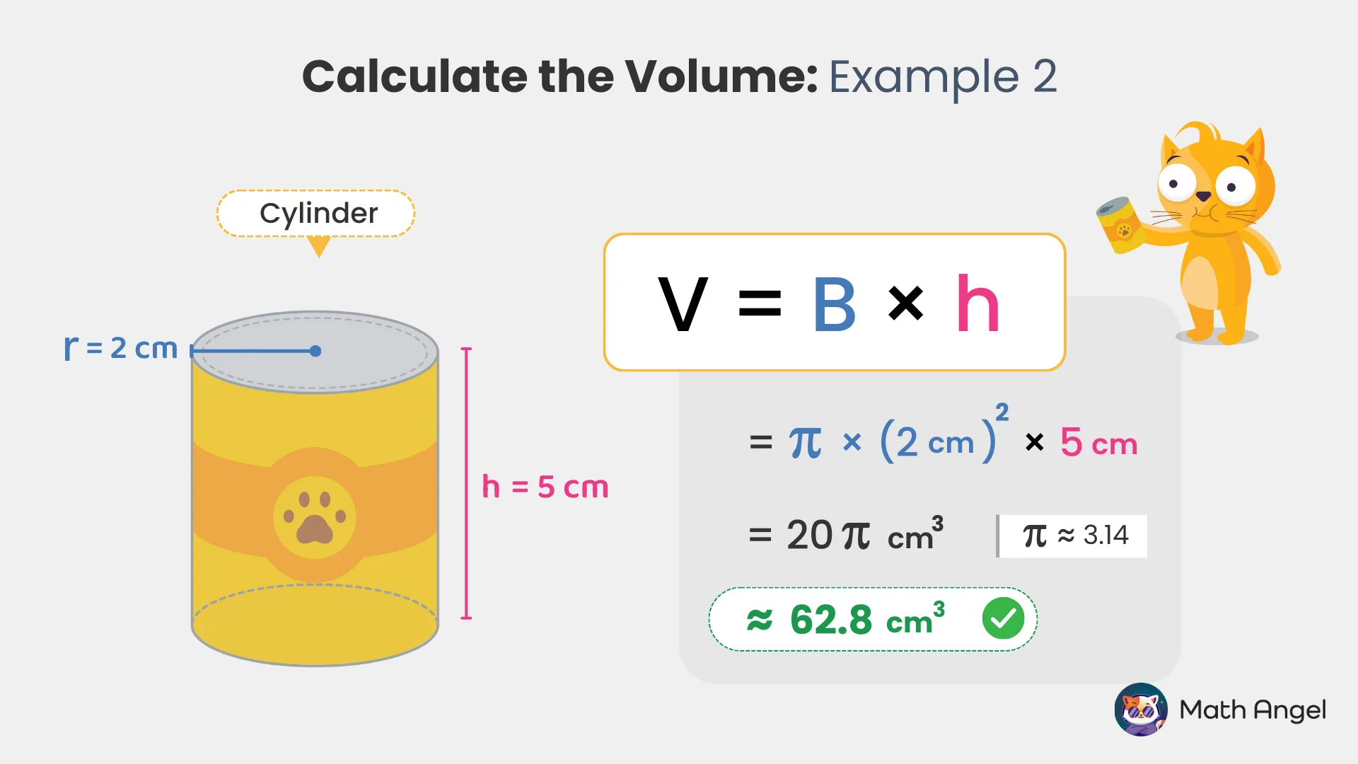 Volume calculation of a cylinder with a radius of 2 cm and height of 5 cm, using the formula V = B × h. The final volume is approximately 62.8 cm³.