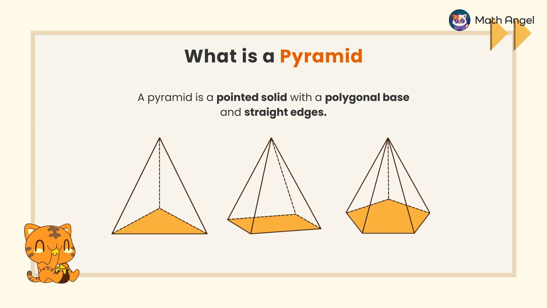 Diagram showing volume and surface area formulas for a pyramid. Includes base area, height, and the net of the pyramid. 