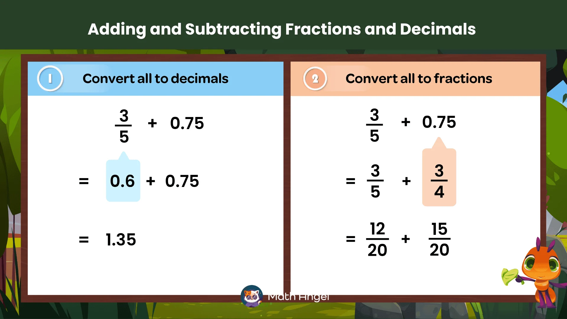 The addition and subtraction of fractions and decimals, demonstrating both methods with worked-out solutions using 2.5 + 1/4 and 3/5 - 1.2.