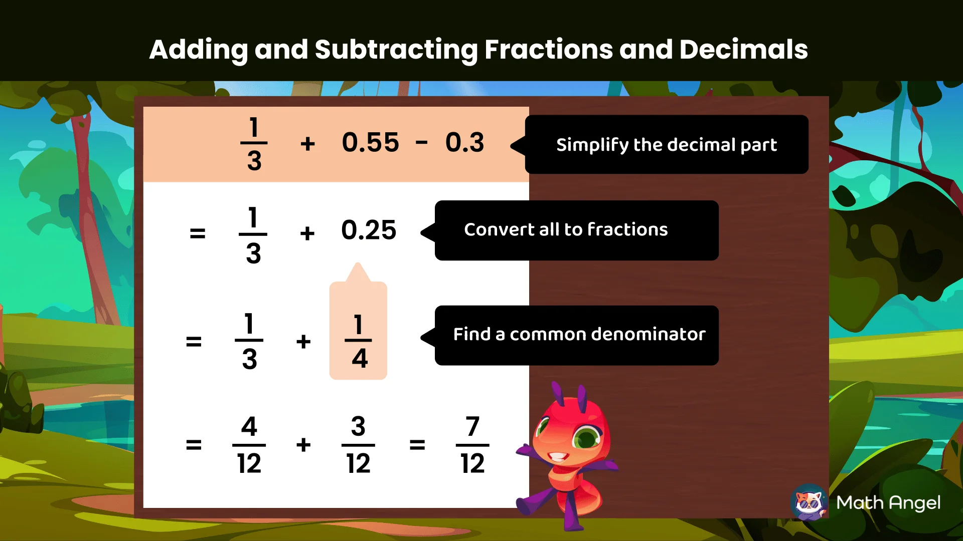 Adding and subtracting fractions and decimals with conversion of decimals to fractions, finding a common denominator, and solving for the sum.