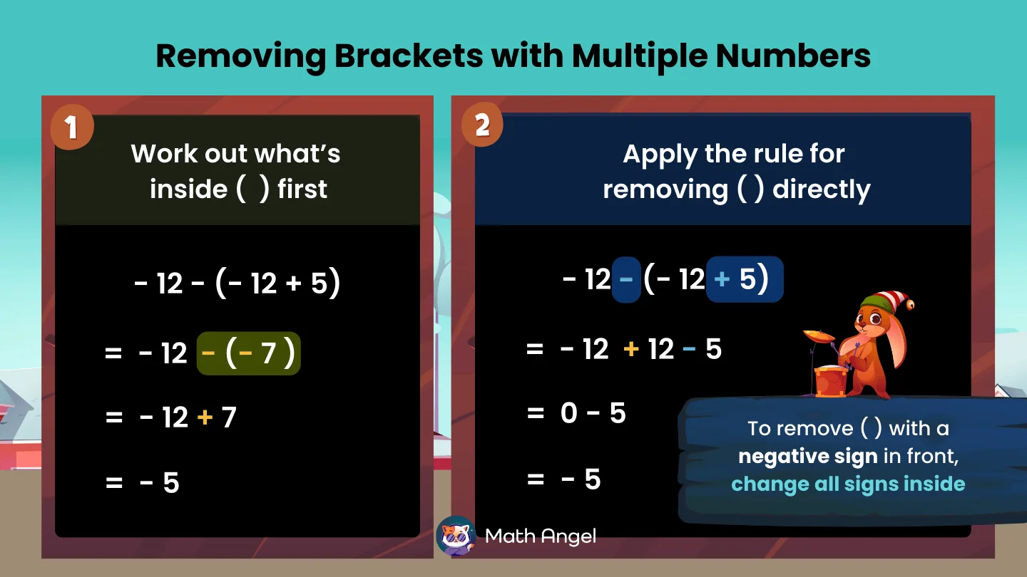 Steps to remove brackets with multiple numbers, solving -12 - (-12 + 5) by solving inside first or applying the rule to change signs. Result is -5.