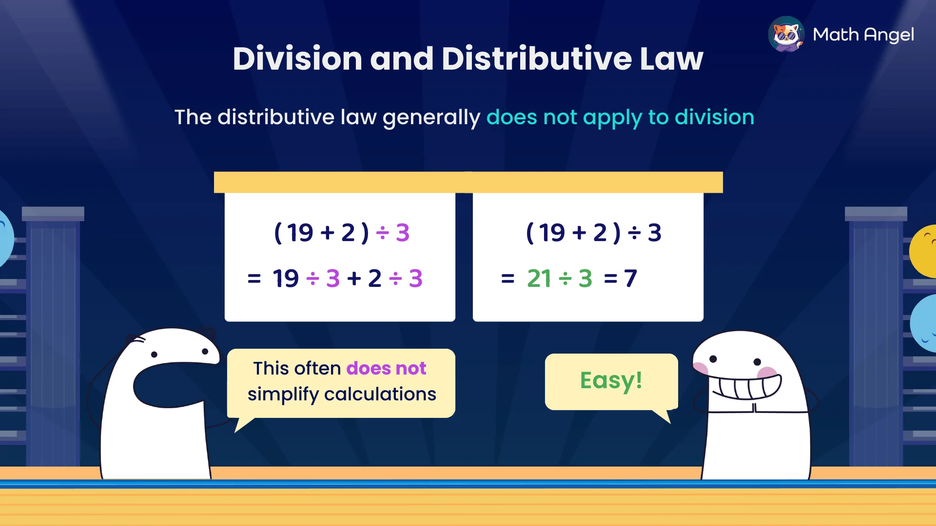 Explanation that the distributive law generally does not simplify division, showing the example (19+2)/3.