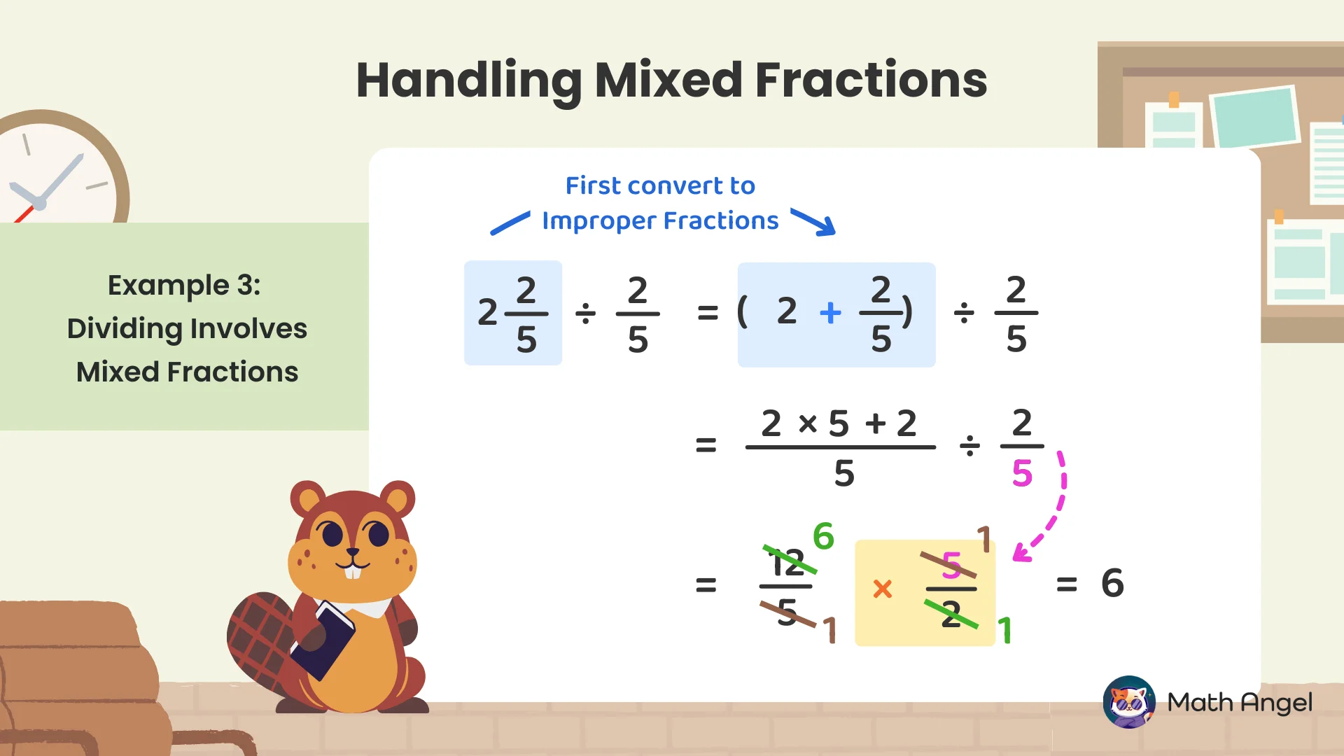 Handling mixed fractions example, showing steps to convert and divide 2 2/5 by 2/5 using improper fractions and the cross-cancelling method.