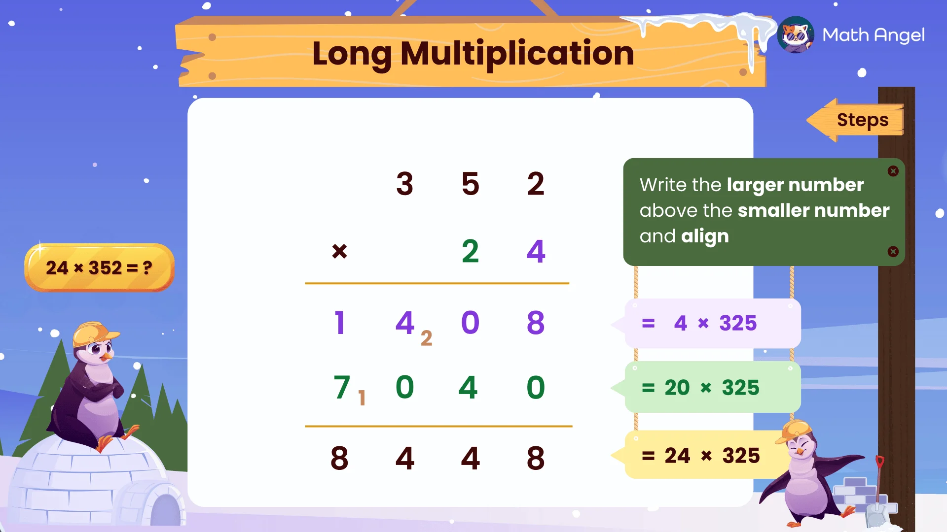 Long multiplication of 352 by 24 showing step-by-step partial products and final answer 8448.