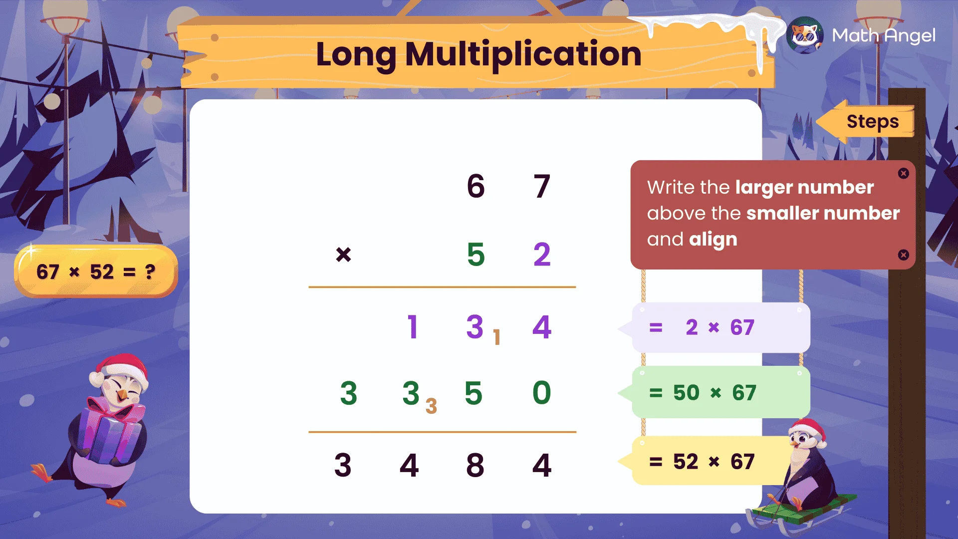 Long multiplication of 67 by 52 broken into steps, showing partial products and final answer 3484.