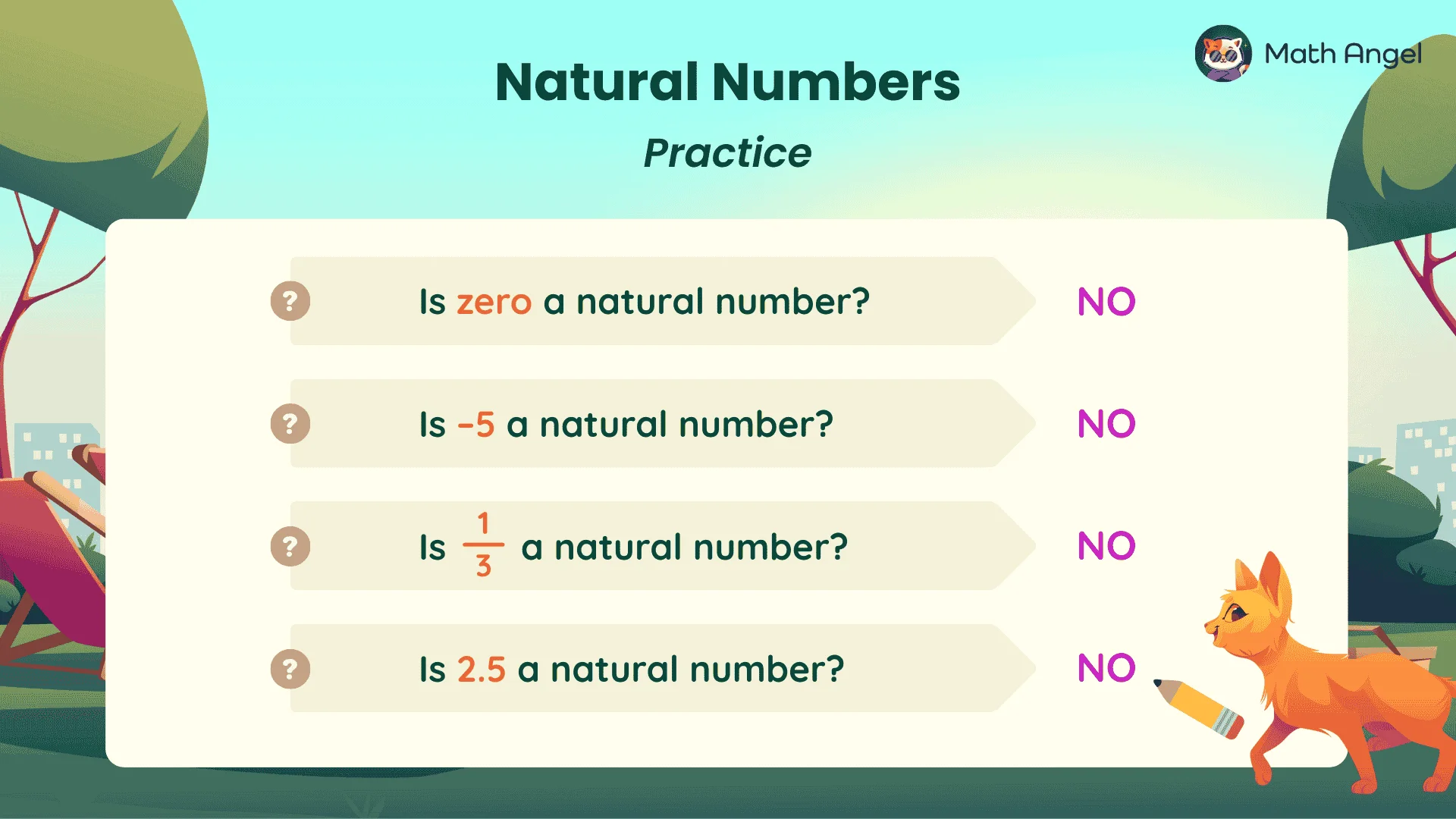 Practice questions showing zero, −5, 1/3, and 2.5 are not natural numbers