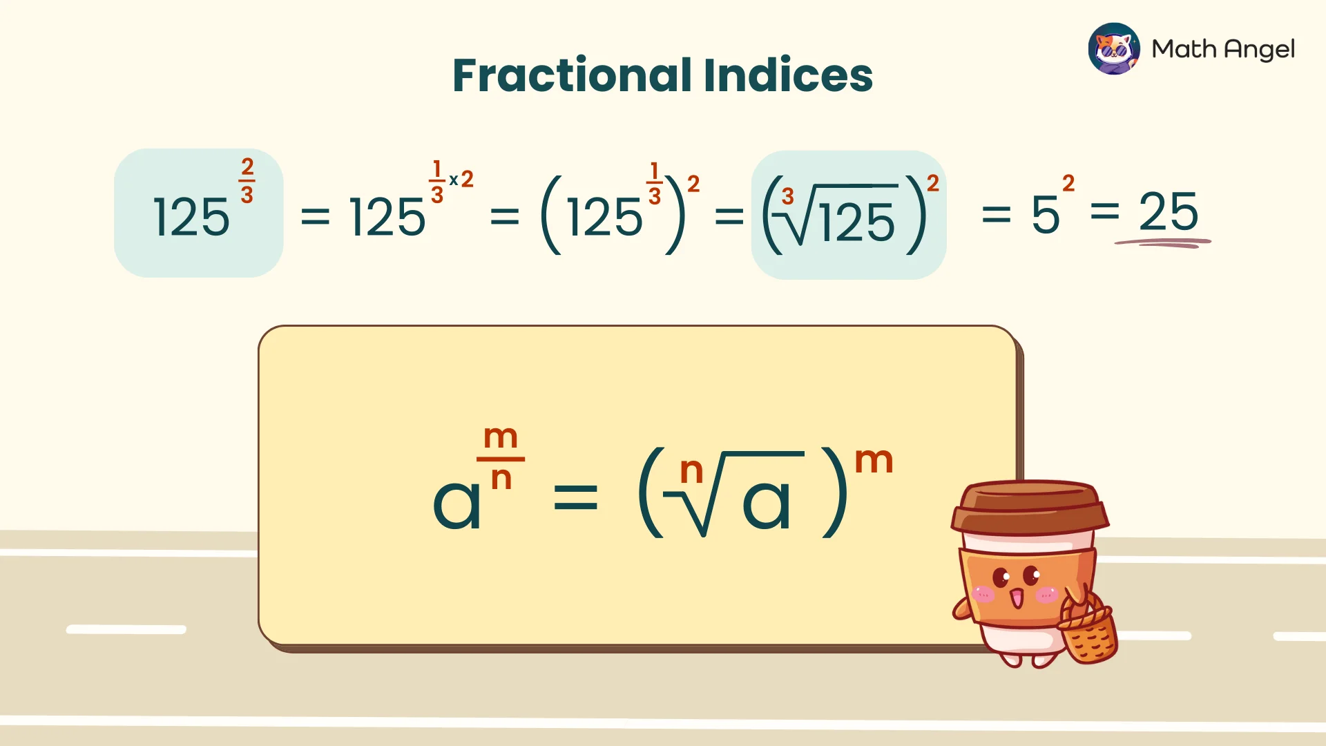 Fractional indices concept showing how to simplify 125^(2/3) = 25 using roots and powers, alongside the general formula a^(m/n) = (n√a)^m.