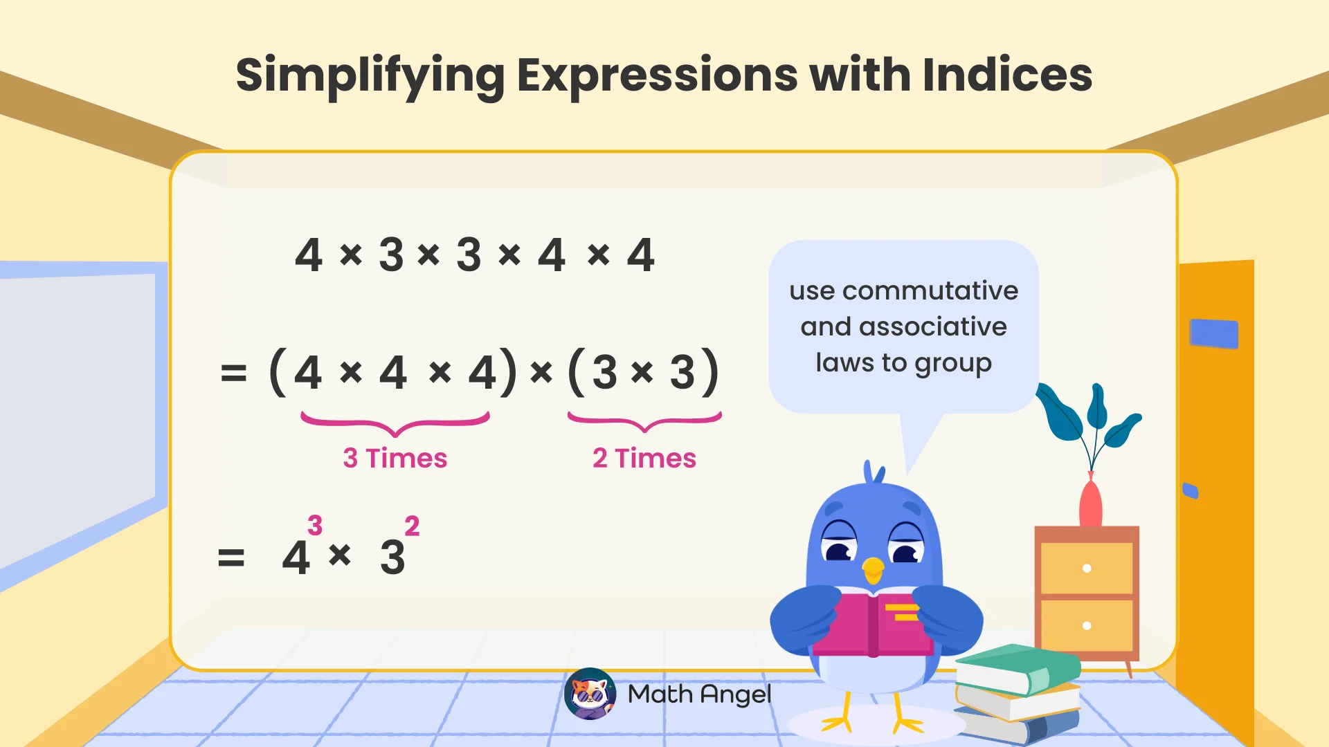 Cartoon blue bird explaining how to simplify 4 × 3 × 3 × 4 × 4 to 4³ × 3² using commutative and associative laws.