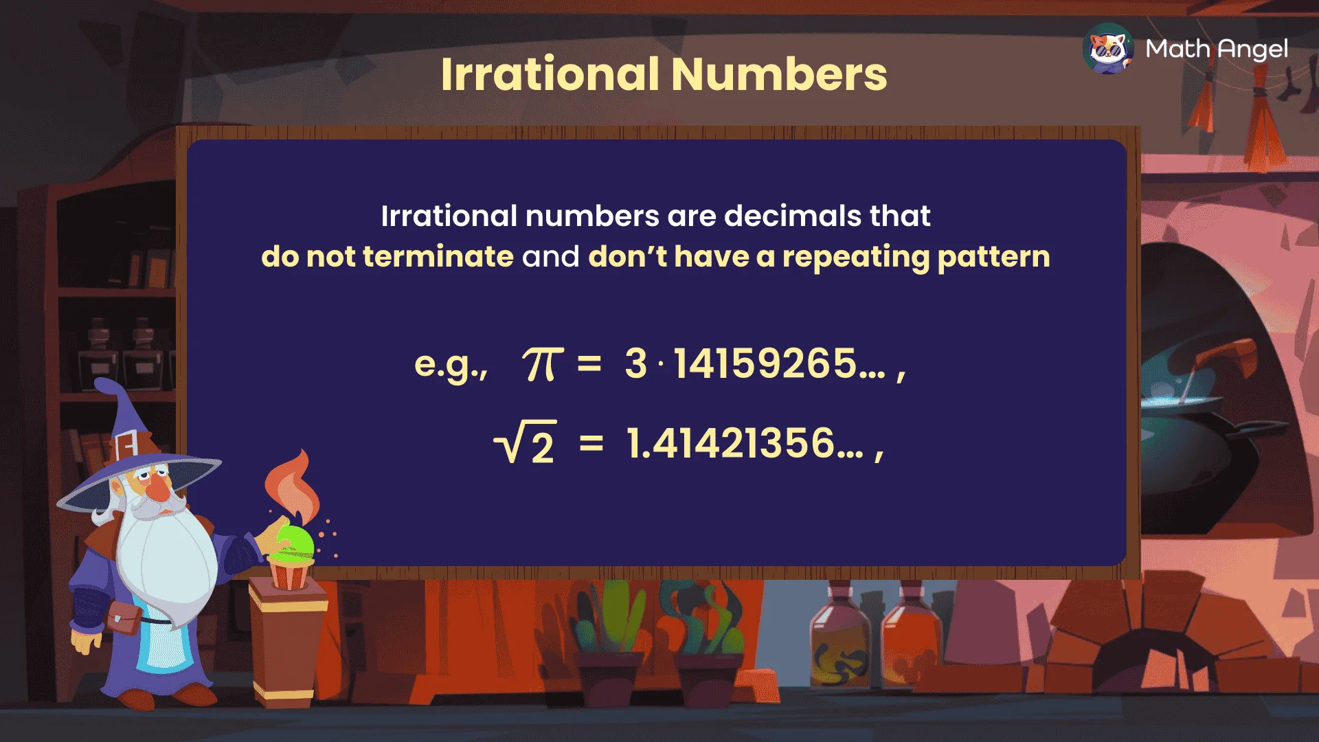 Explaining that irrational numbers are non-terminating decimals without repeating patterns, with examples like π and √2.